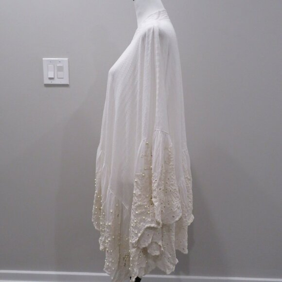 Antica Sartoria White Cotton Pearl Beaded Embroidered Caftan Dress Resort Wear - Picture 2 of 6
